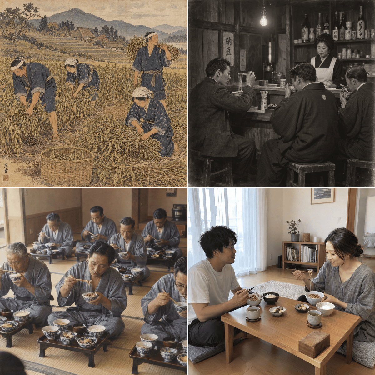 Japanese families eating natto for breakfast at a long table